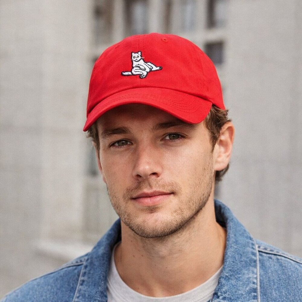 American Eagle Outfitters Men's Red Embroidered Lazy Cat Adjustable Dad Hat Cap‎